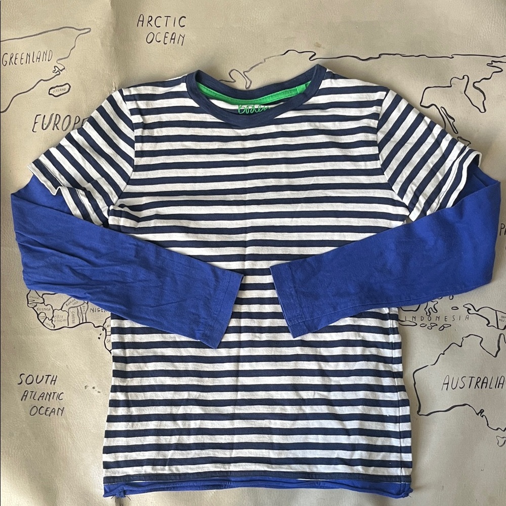 Mini Boden Navy & White Striped Long Sleeve Tee with Bright Blue Sleeves